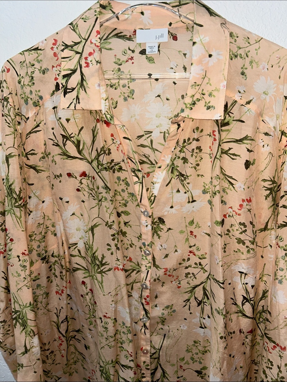 J. Jill Linen Floral Peach Orange Green Long-Sleeve Button-Down Shirt 2X in EUC